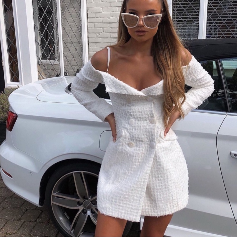 House of CB Nia Tweed White Elegant Structured Off Cold Shoulder Blazer Dress S